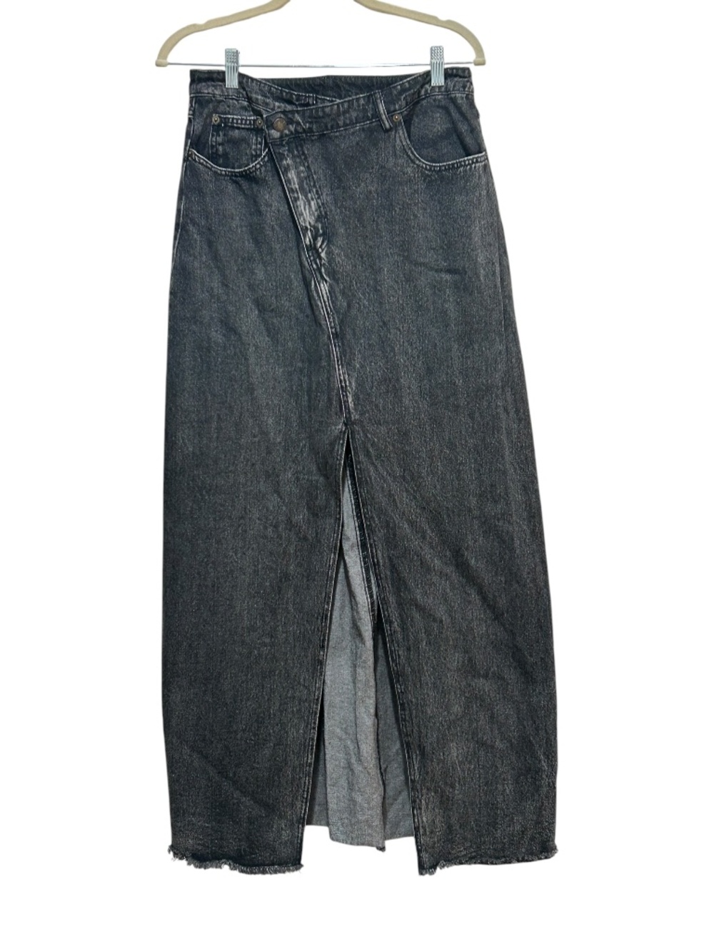 Lala. Dressed in Lala Maxi Jean Skirt in charcoal black Women's Size L Large